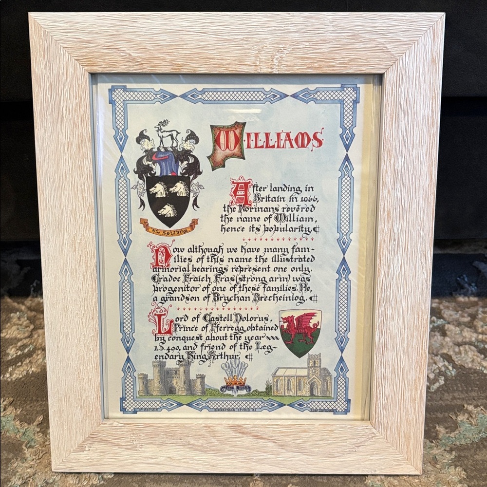 Framed Williams Family Crest Art with Whitewash Wood Frame